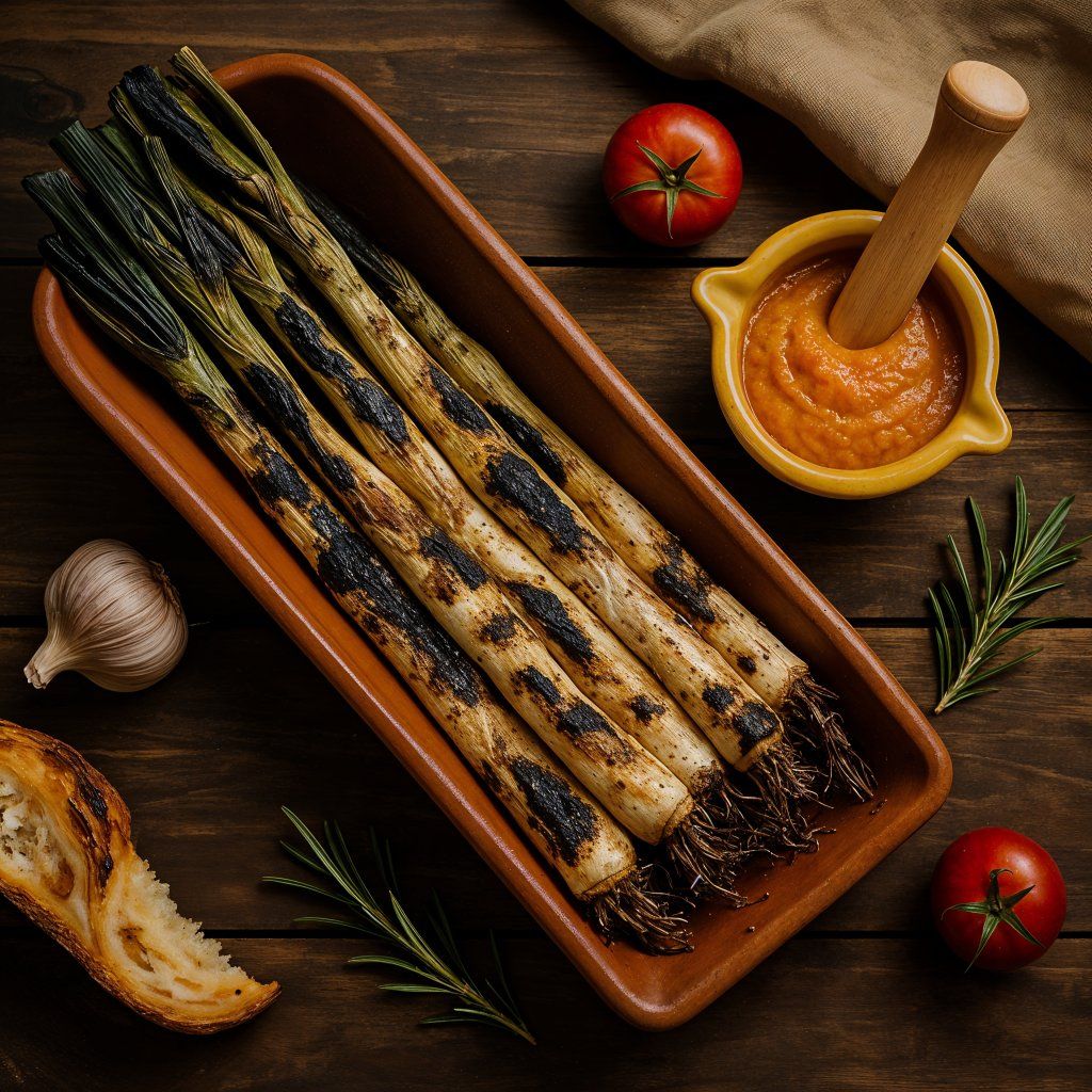 Calçots a la brasa con romesco